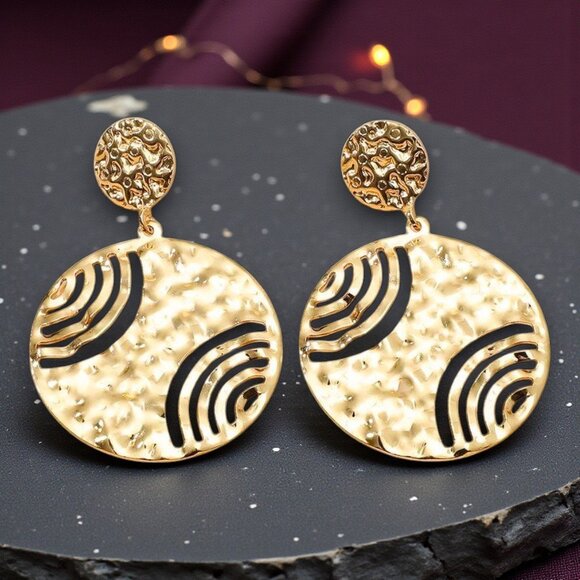 ๐๏ธModern Textured Round Statement Earrings Gold Plated Alloy Bold Chic Designer - Picture 9 of 13